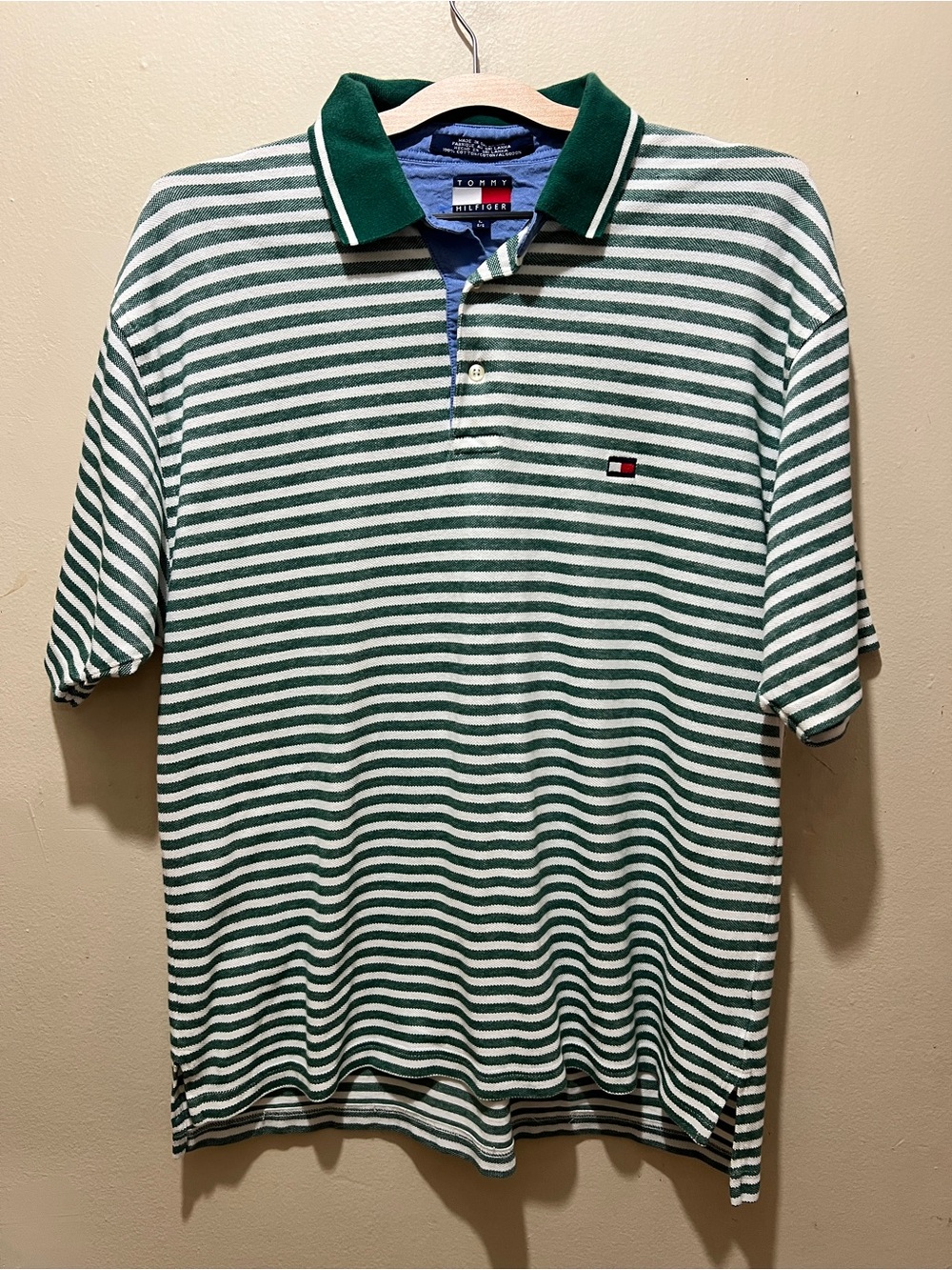 Vintage Tommy Hilfiger Mens Large L Green White Striped Short Sleeve Polo Shirt